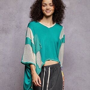 POL Teal and Cream Lightweight V-Neck Top